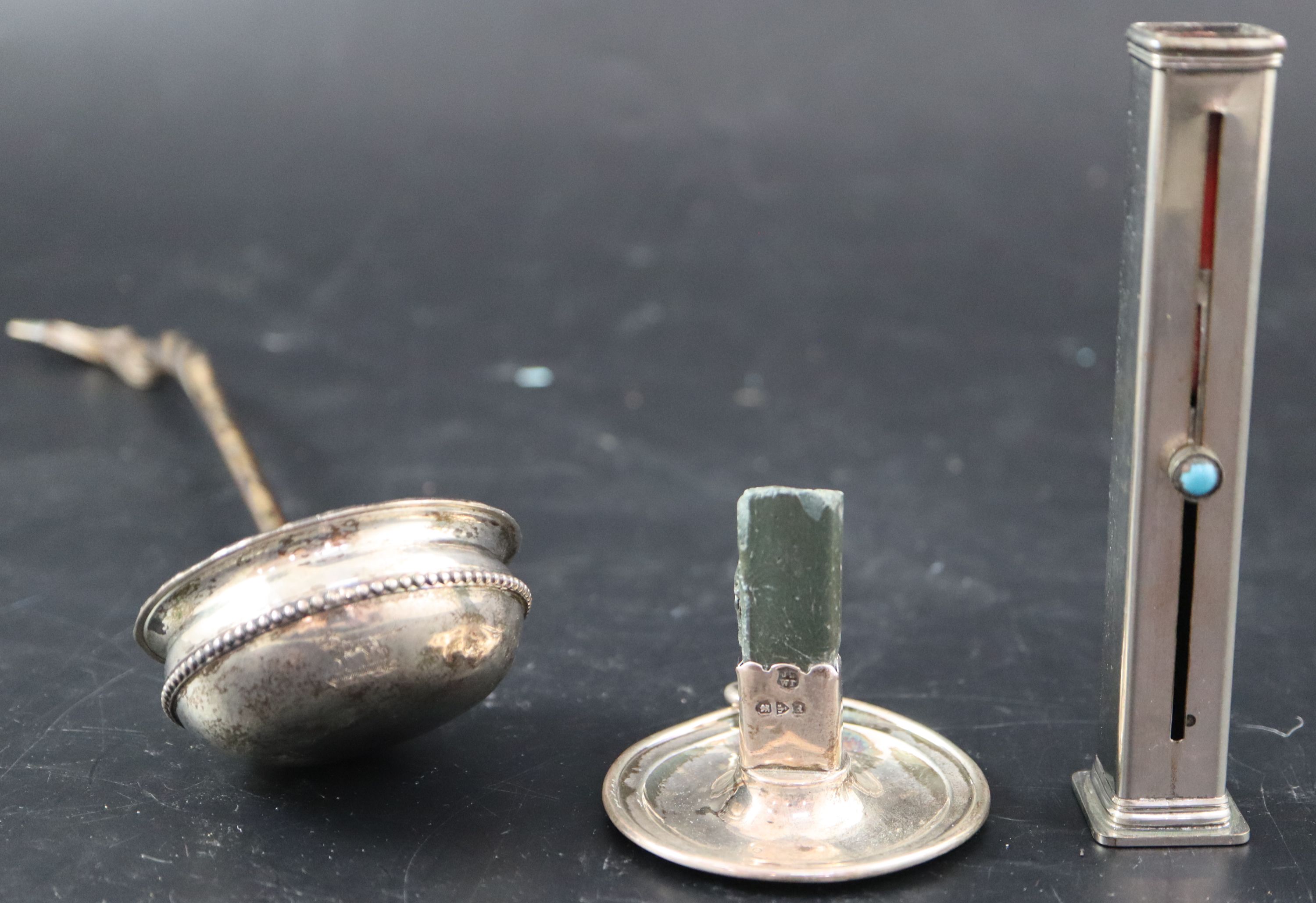 A George III white metal toddy ladle, 30.7cm (handle damaged) and two later sealing wax holders,